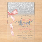 Pink Bow Silver Glitter Bokeh Vrijgezellenfeest Acryl Uitnodigingen (Voorkant)