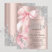 Pink Bow Silver Glitter Drips Rose Gold Sweet 16 Kaart (Voorkant / Achterkant)