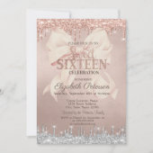 Pink Bow Silver Glitter Drips Rose Gold Sweet 16 Kaart (Voorkant)