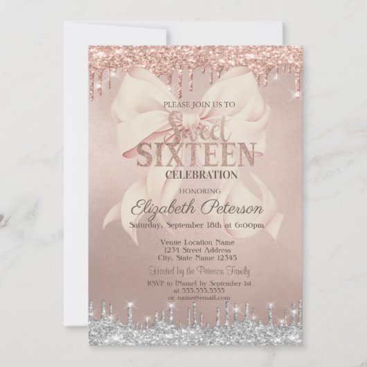 Pink Bow Silver Glitter Drips Rose Gold Sweet 16 Kaart (Voorkant)