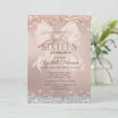 Pink Bow Silver Glitter Drips Rose Gold Sweet 16 Kaart (Staand voorkant)