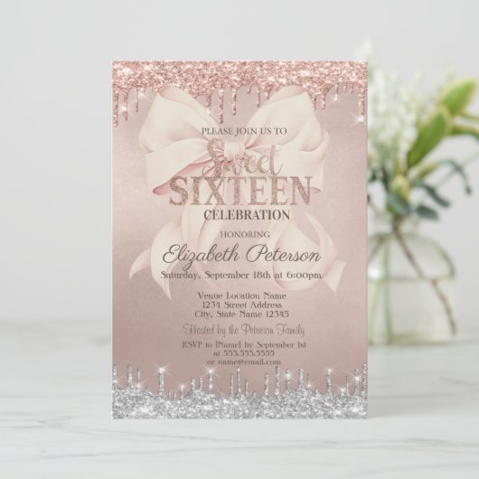 Pink Bow Silver Glitter Drips Rose Gold Sweet 16 Kaart (Staand voorkant)