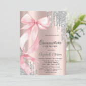 Pink Bow Silver Glitter Drips Rose GoldQuinceañera Kaart (Staand voorkant)