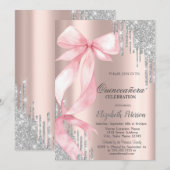 Pink Bow Silver Glitter Drips Rose GoldQuinceañera Kaart (Voorkant / Achterkant)