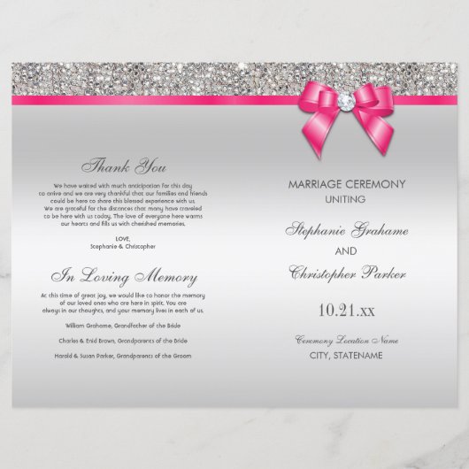 Pink Bow Silver Sequins Wedding Ceremony Programme (Voorkant)