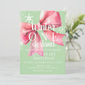 Pink Bow Snowflake Snow Script First Birthday  Kaart (Staand voorkant)