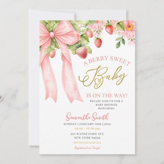 Pink Bow Strawberry Baby Shower Invitation (Devant)