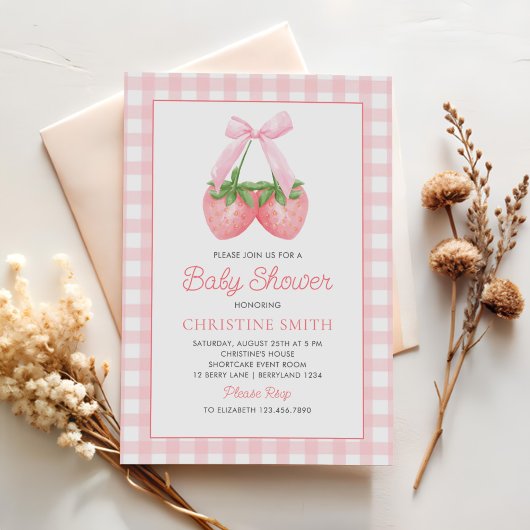 Pink Bow Strawberry Girl Baby shower Kaart