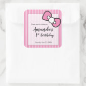 Pink Bow, Stripes, Dank je, Eerste verjaardag Vierkante Sticker (Tas)