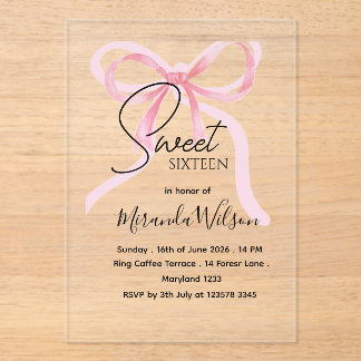 Pink Bow Sweet Sixteen Birthday Acrylic Invitation