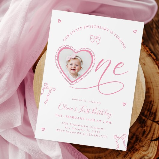 Pink Bow Sweetheart First Birthday Invitation