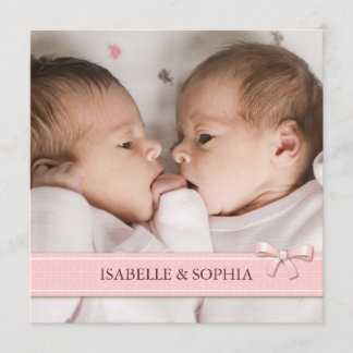 Pink Bow Twin Girls Baby Photo Faire-part de naiss