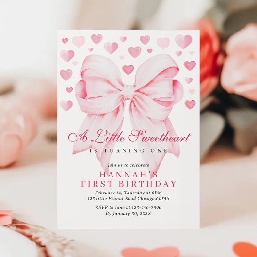 Pink Bow Valentine's First Birthday Invitation