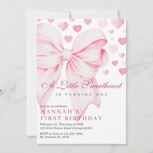 Pink Bow Valentine's First Birthday Invitation (Devant)