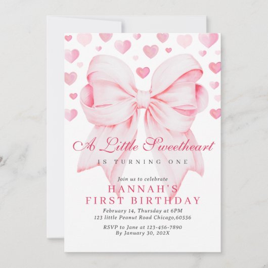 Pink Bow Valentine's First Birthday Invitation V2 (Devant)