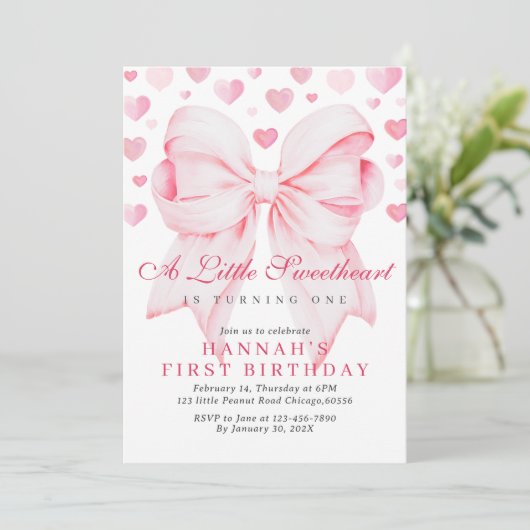 Pink Bow Valentine's First Birthday Invitation V2 (Debout devant)