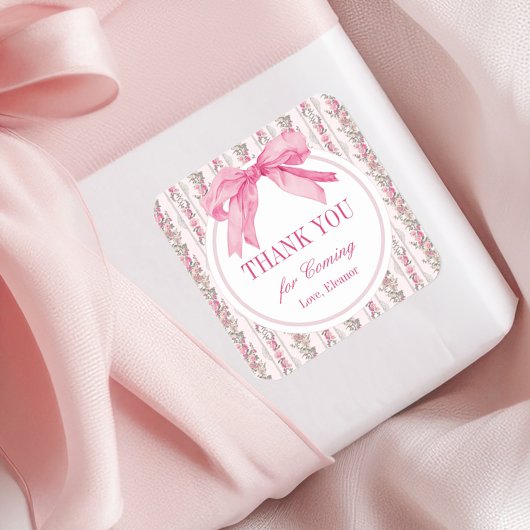 Pink Bow Verjaardagsfeestje Bedankt Favor Vierkante Sticker