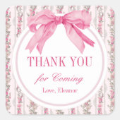 Pink Bow Verjaardagsfeestje Bedankt Favor Vierkante Sticker (Voorkant)