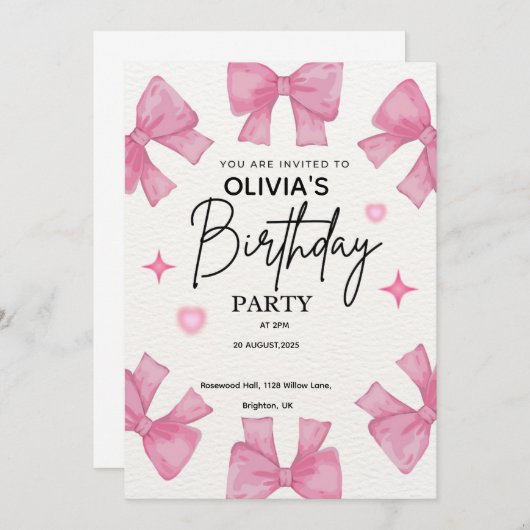 Pink Bow verjaardagsfeestje uitnodiging voor meisj (Voorkant / Achterkant)