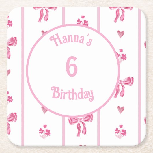 Pink Bow Vertical Stripe - preppy coquette Vierkante Kartonnen Onderzetter (Voorkant)