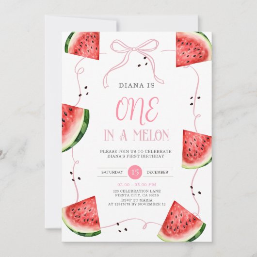 Pink Bow Watermelon First Birthday Invitation (Devant)