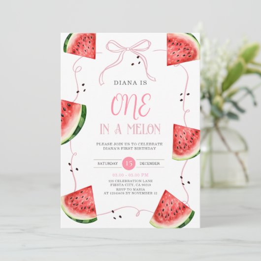 Pink Bow Watermelon First Birthday Invitation (Debout devant)