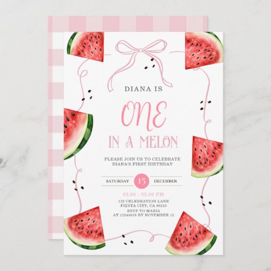 Pink Bow Watermelon First Birthday Invitation (Devant / Derrière)