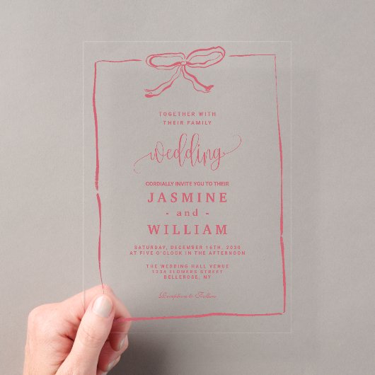 Pink Bow Wedding Acryl Uitnodigingen (Insitu (Draagbaar))