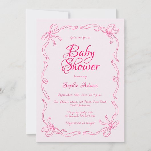Pink Bow Whimsical Quirky Hand Drawn Baby shower Kaart (Voorkant)
