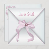 Pink Bow White Baby Girl Douche Invitations (Devant / Derrière)