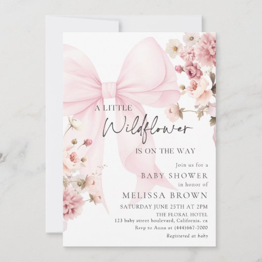Pink Bow Wildflower Baby Shower Invitation (Devant)