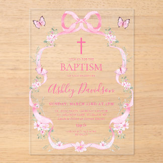 Pink Bow Wildflower Butterfly Baptism Christening Acryl Uitnodigingen