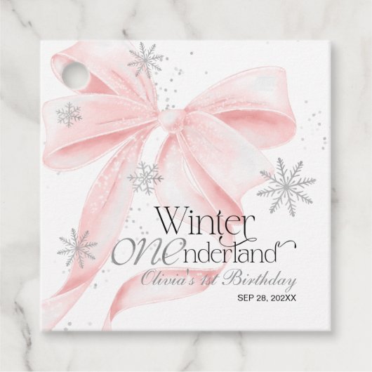 Pink Bow Winter Onederland 1st Birthday Bedankjes Labels (Voorkant)