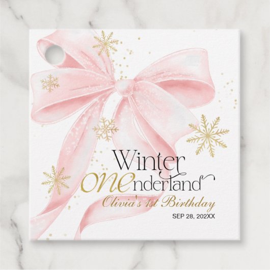 Pink Bow Winter Onederland 1st Birthday Bedankjes Labels (Voorkant)