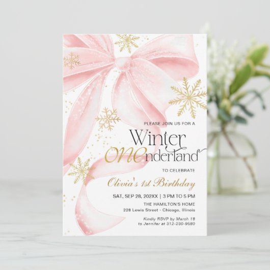 Pink Bow Winter Onederland 1st Birthday Kaart (Staand voorkant)