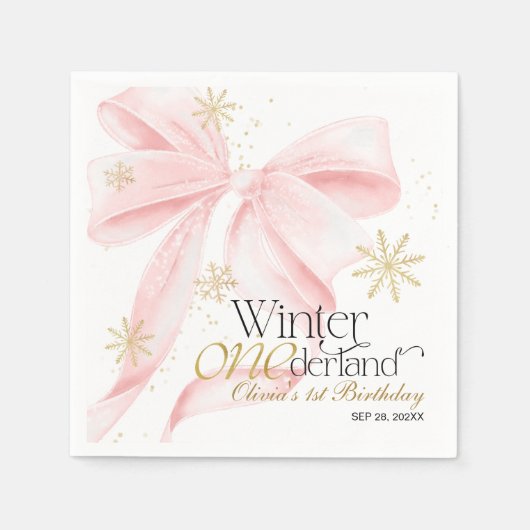 Pink Bow Winter Onederland 1st Birthday Servet (Voorkant)