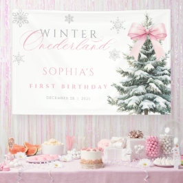 Pink Bow Winter Onederland First Birthday Banner