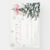 Pink Bow Winter Onederland First Birthday Banner (Verticaal)