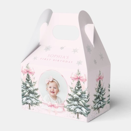 Pink Bow Winter ONEderland First Birthday Bedankdoosjes (Voorkant Zijde)