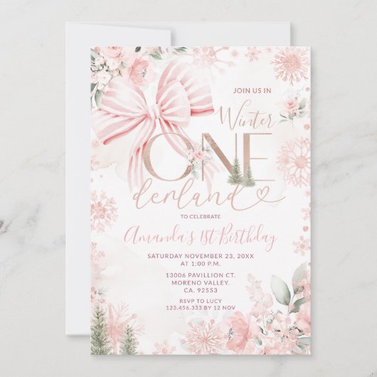 Pink Bow Winter Onederland Floral First Birthday Kaart (Voorkant)