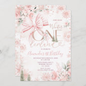 Pink Bow Winter Onederland Floral First Birthday Kaart (Voorkant / Achterkant)
