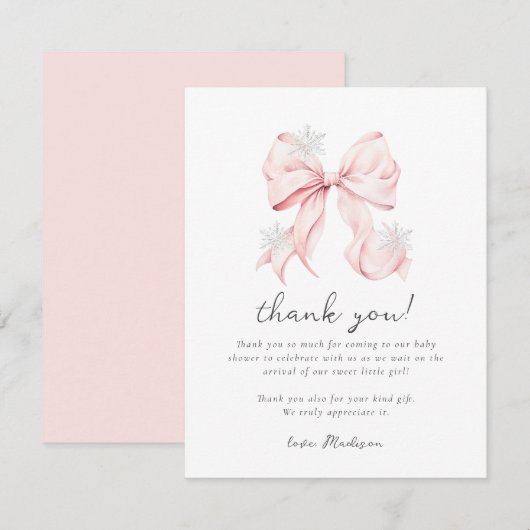 Pink Bow Winter Snowflake Baby Shower Notitiekaartje (Voorkant / Achterkant)