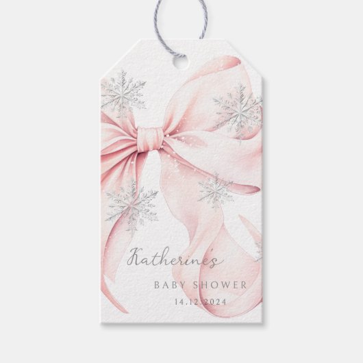 Pink Bow Winter Theme Baby shower Cadeaulabel (Voorkant)