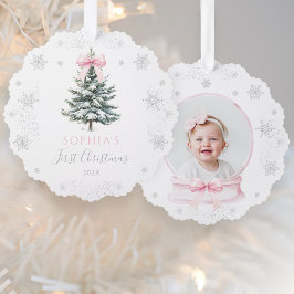 Pink Bow Winter Tree First Christmas Ornament Kaart