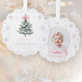 Pink Bow Winter Tree First Christmas Ornament Kaart