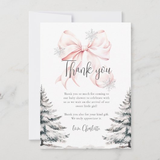 Pink Bow Winter Trees Baby shower Bedankkaart (Voorkant)