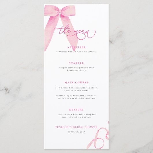 Pink Bow Ze is Tying the Knot Vrijgezellenfeest Me Menu (Voorkant)