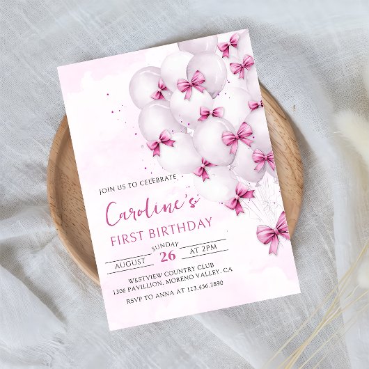 Pink Bows Balloons Verjaardag Uitnodiging
