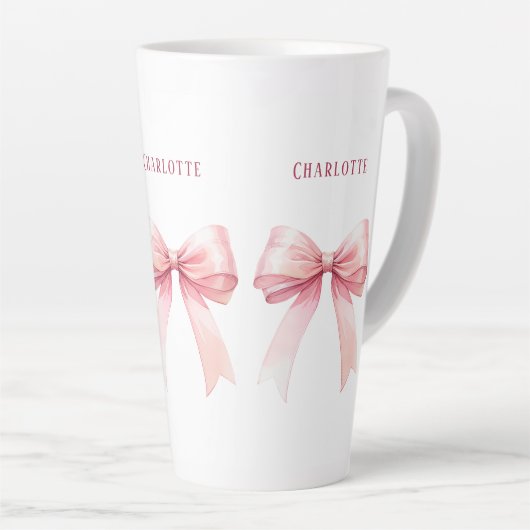 Pink bows scriptnaam latte mok (Rechterhoek)