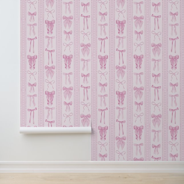 Pink Bows with Lace Vertical Stripes Behang (Applicatie)